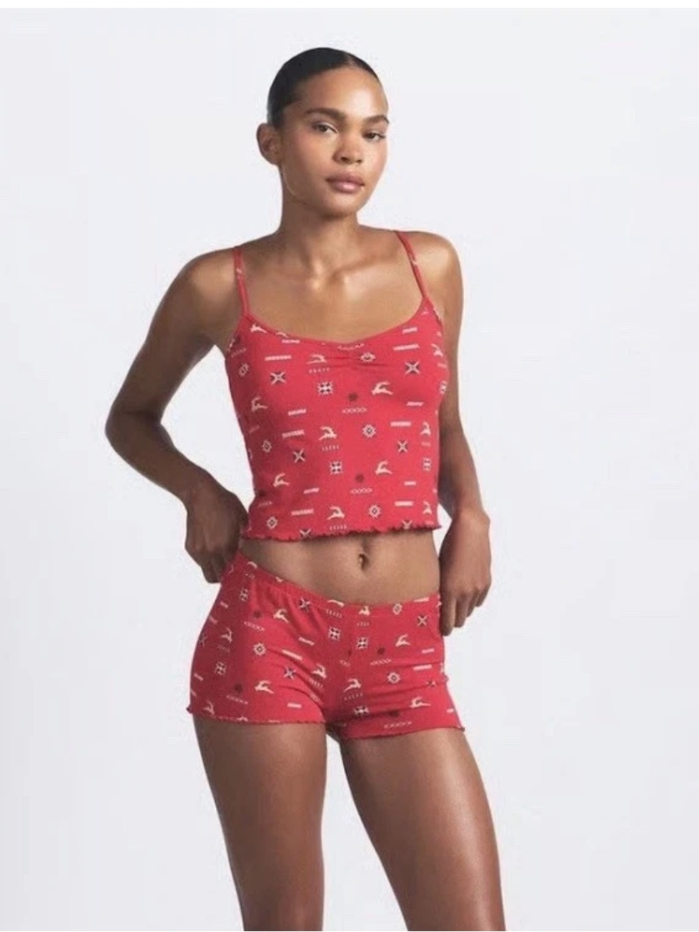 SKIMS Sleep Camisole & Shorts Sleep Set in Cranberry Vintage Deer Print size XXS